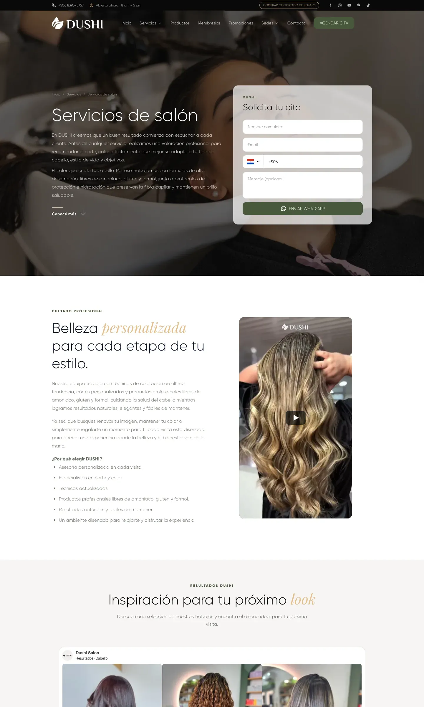 Página Servicios de salón